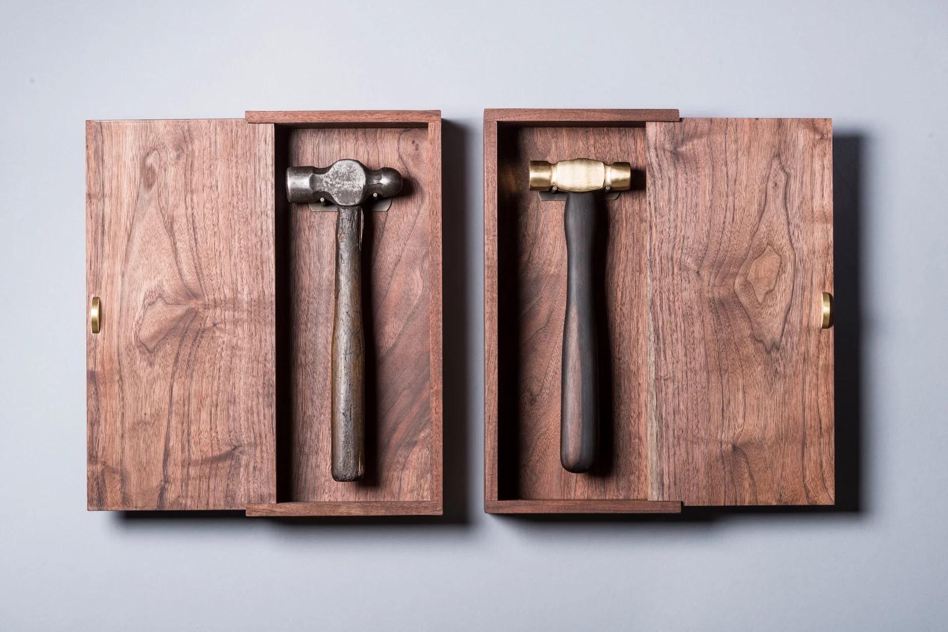   Hammer Reliquary,&nbsp; walnut boxes, heirloom hammer, forged brass hammer with ebony handle 