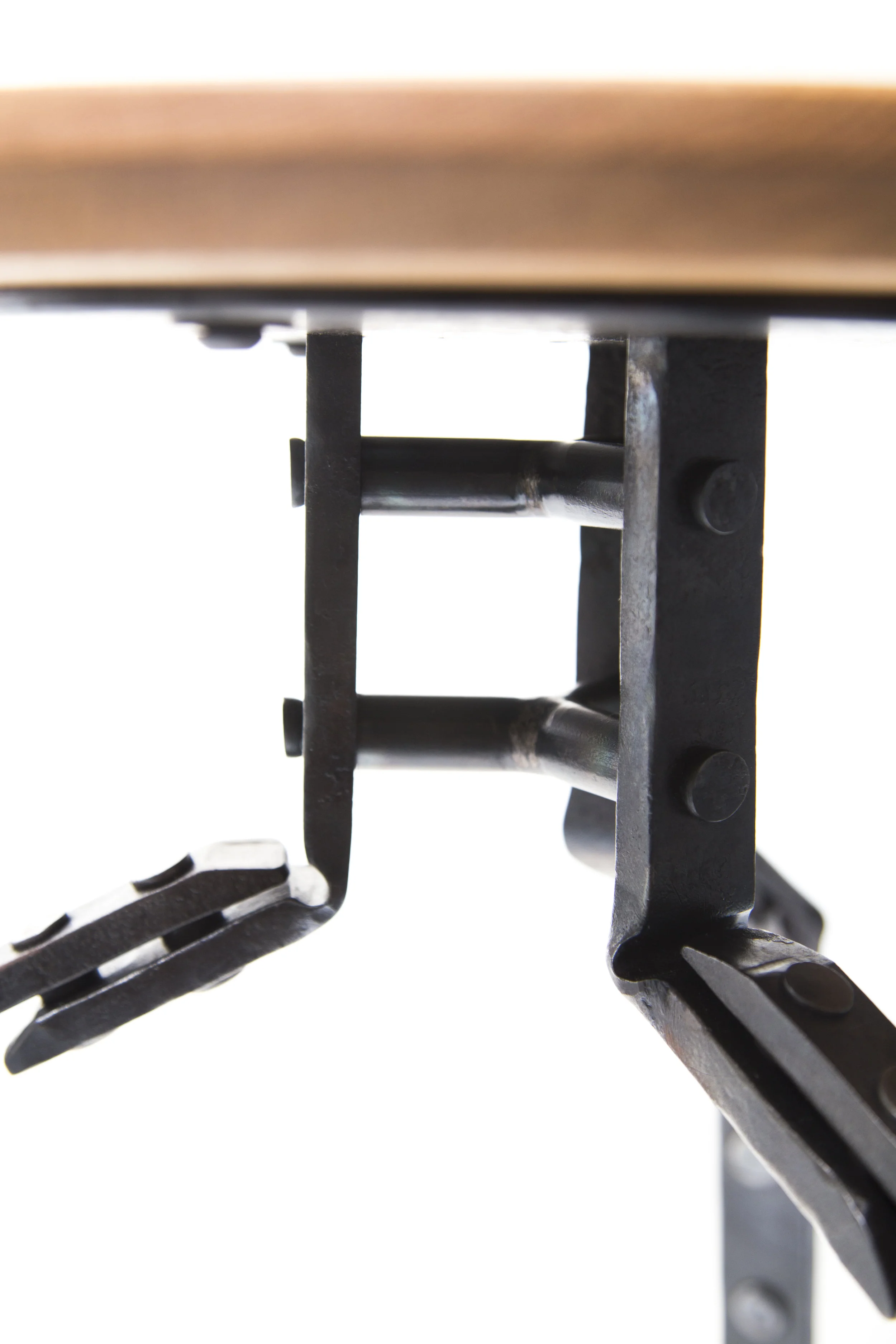 Cold Connection Stool forged, fabricated and machined steel, oak 17 x 10 x 10 in 2016