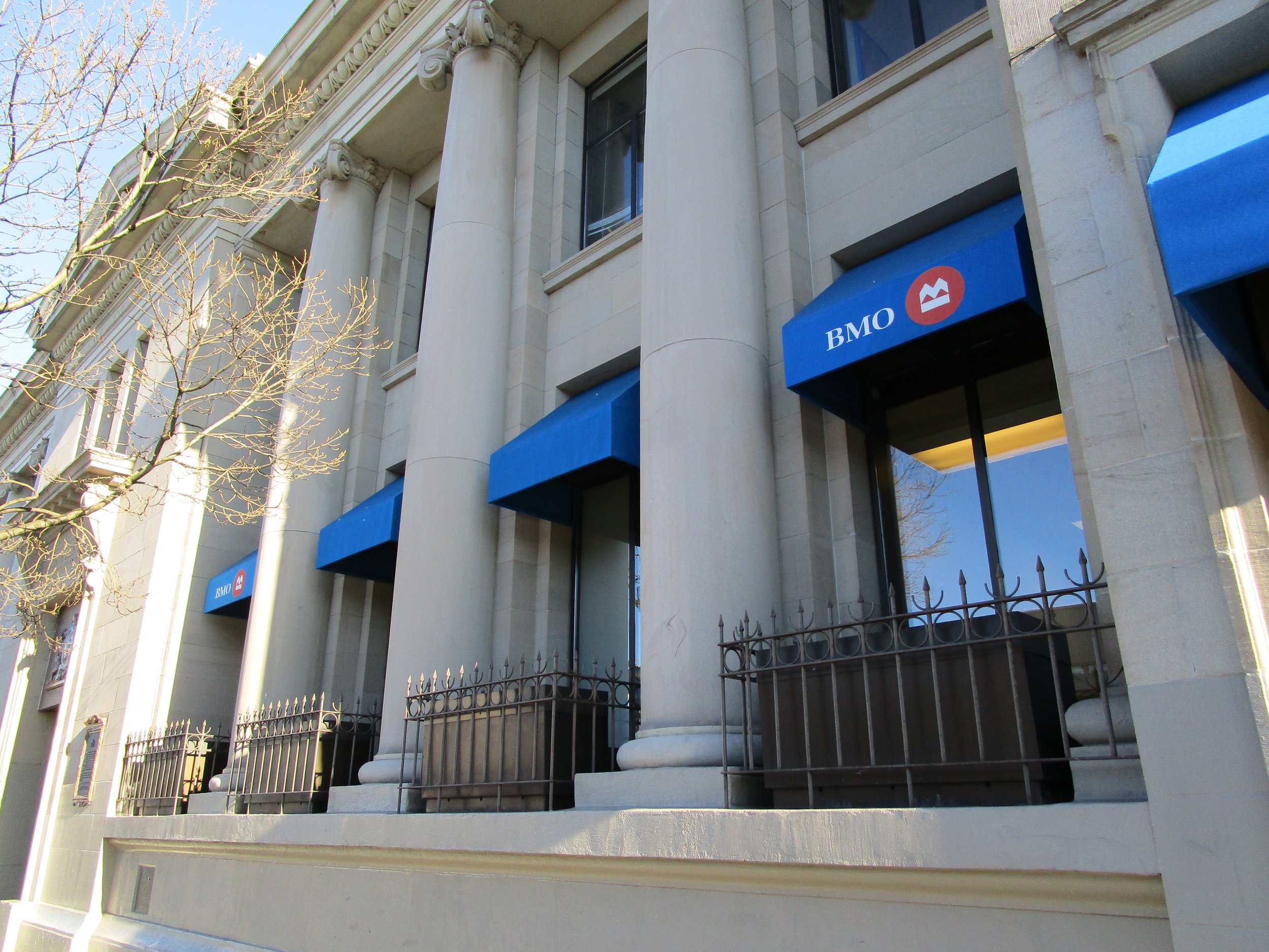 Defensive planters and spikes at the Bank of Montreal.