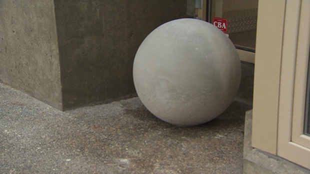 Concrete balls block alcoves in Vancouver. Image source: Dillon Hodgin, CBC