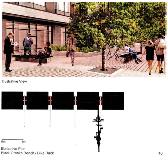 Gaps and bike racks on a then-proposed bench design. Image source: Submission to Victoria Council.