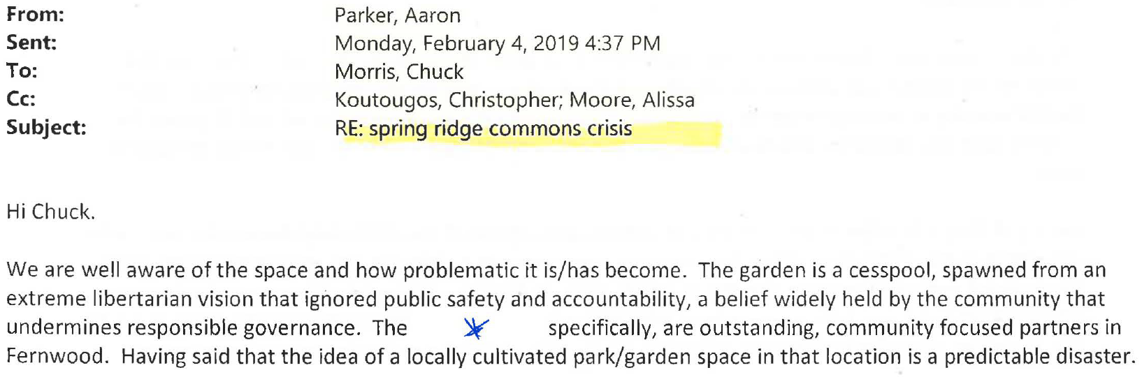 Excerpt of an email from Vic High principal to SD61’s Director of Facilities Services regarding Spring Ridge Commons. The full email and all released records can be found at the bottom of this post.