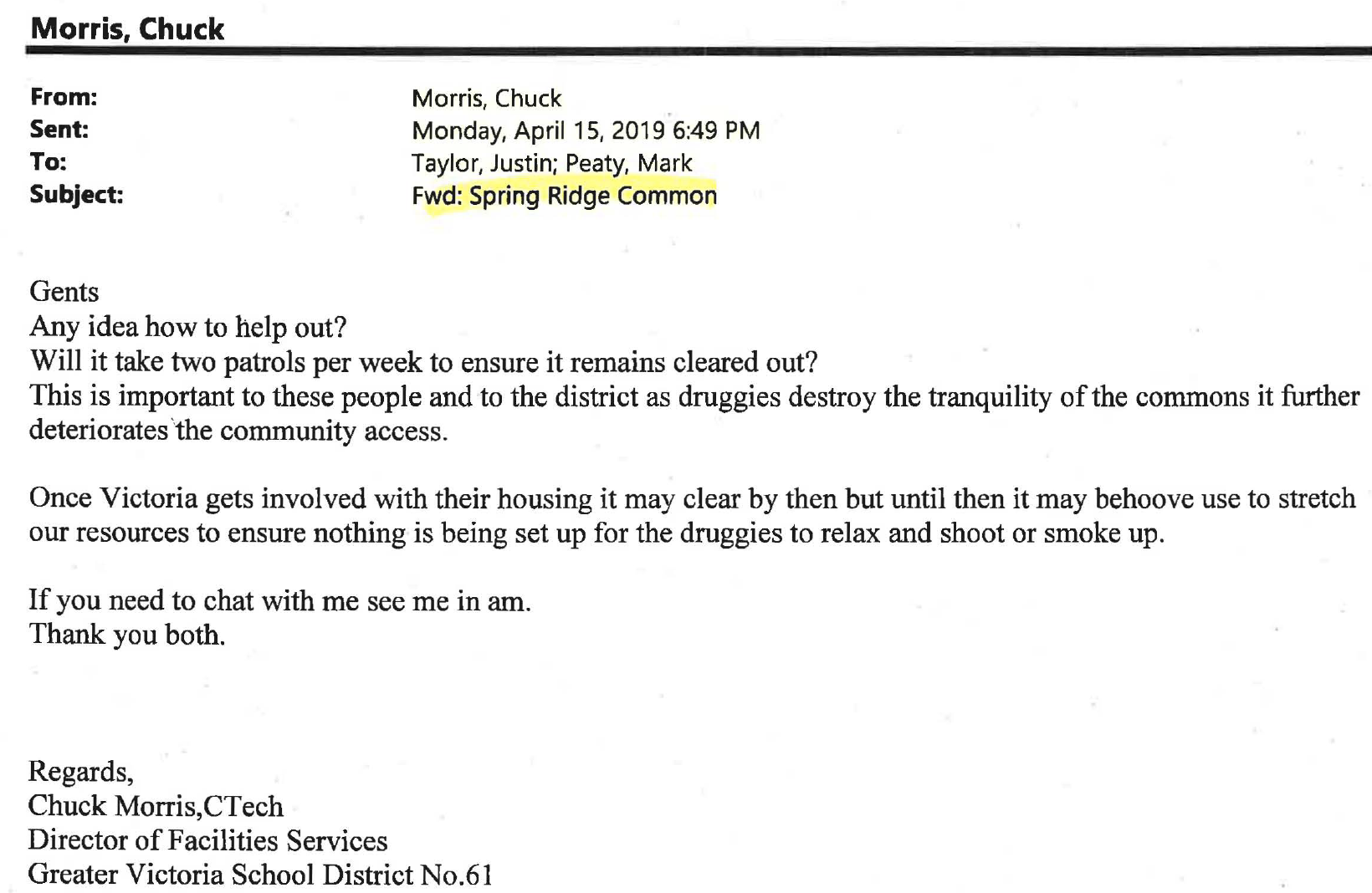 Email from SD61’s Director of Facilities Services regarding furniture removal. All released records can be found at the bottom of this post.