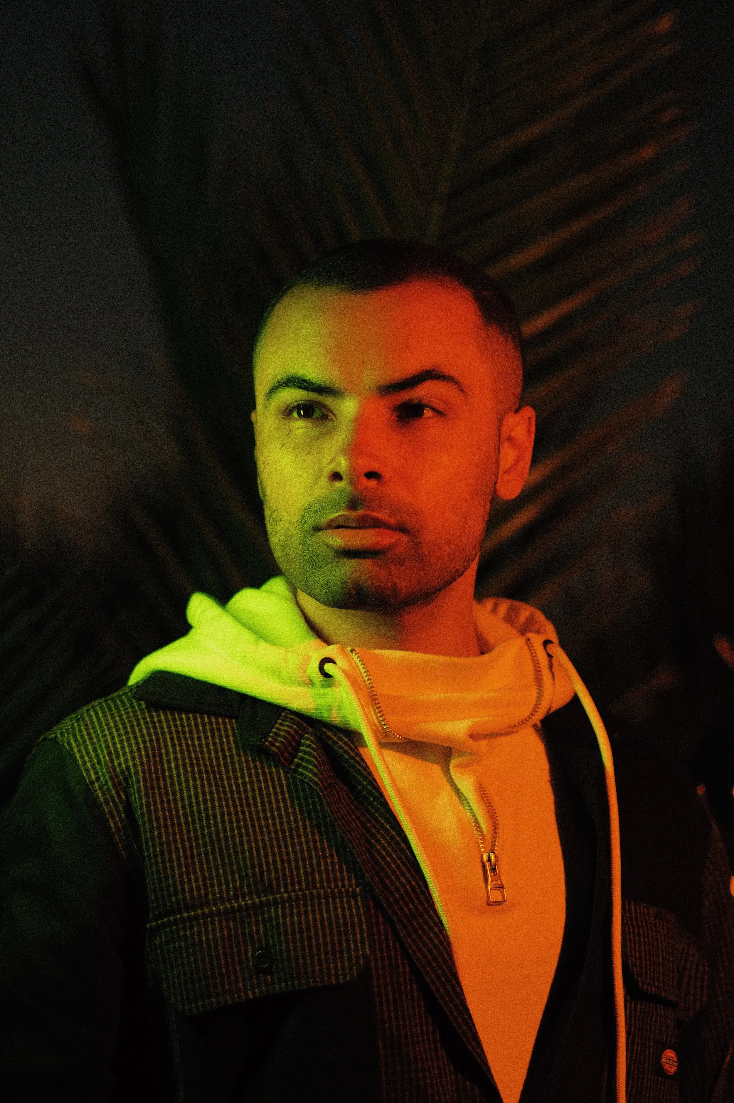 A young man with short dark hair and a trimmed beard, wearing a light-colored hoodie under a dark plaid jacket, looking slightly to the right against a dark background with faint palm leaves, illuminated by green and orange lighting.