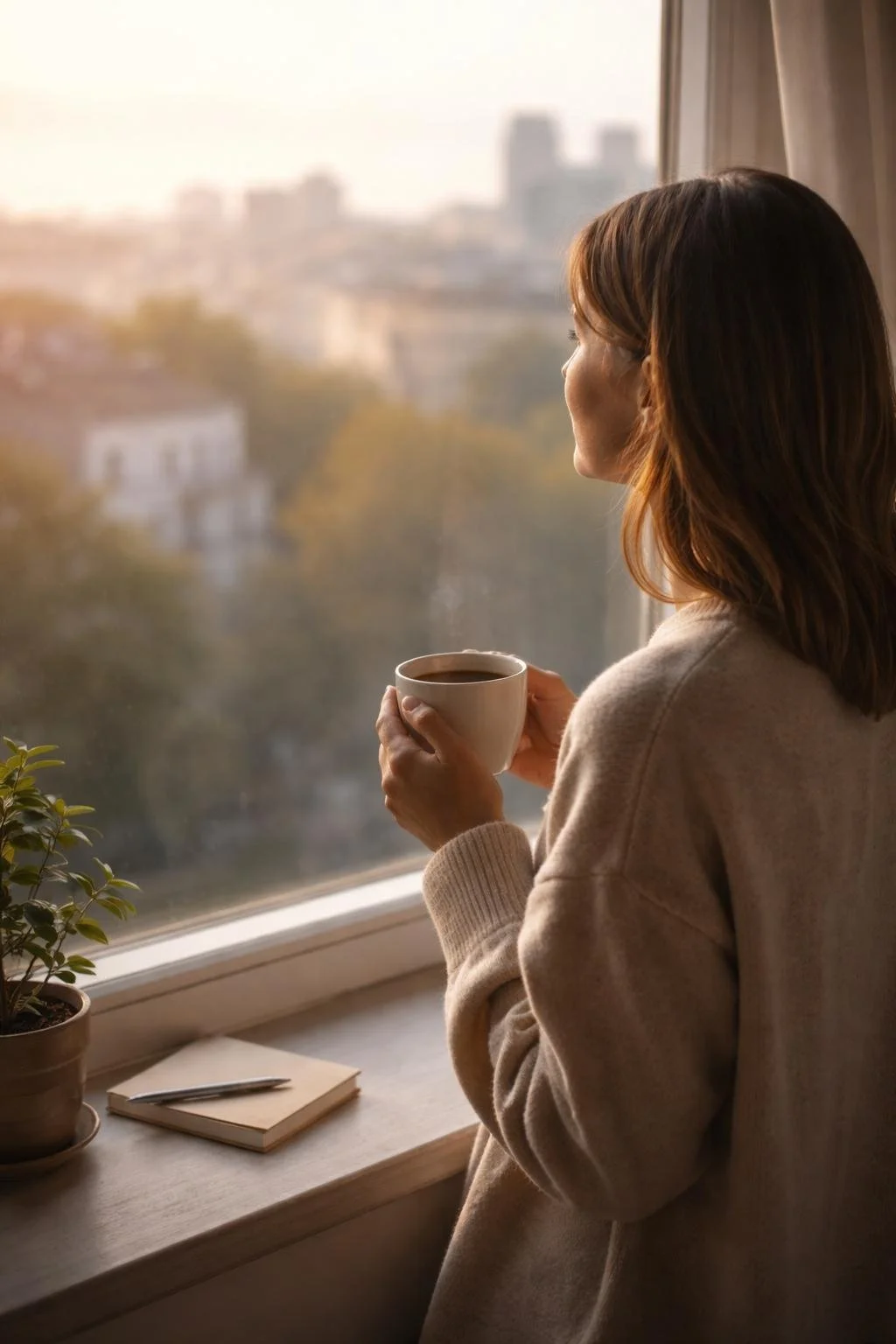 A woman sits quietly by a window holding a mug, reflecting on burnout, people-pleasing, and reconnecting with her own needs.