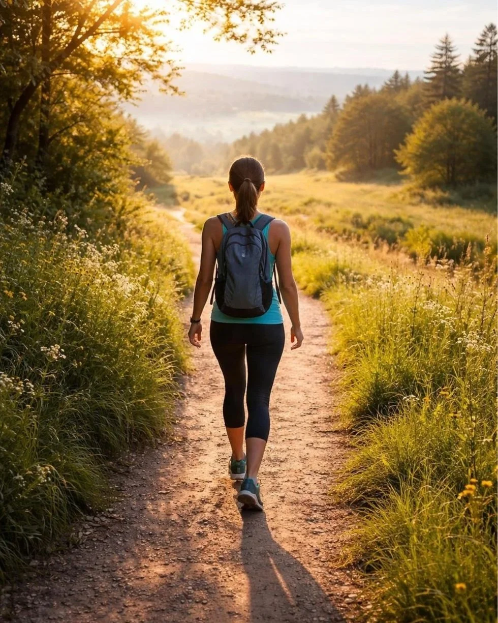 A woman hikes toward a mountain view, representing healing, self-trust, and coming home to yourself after years of putting others first.