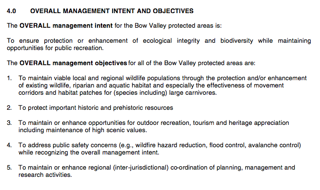 Subsection 4.0 of the Bow Valley Protected Areas Management Plan. Click to enlarge.