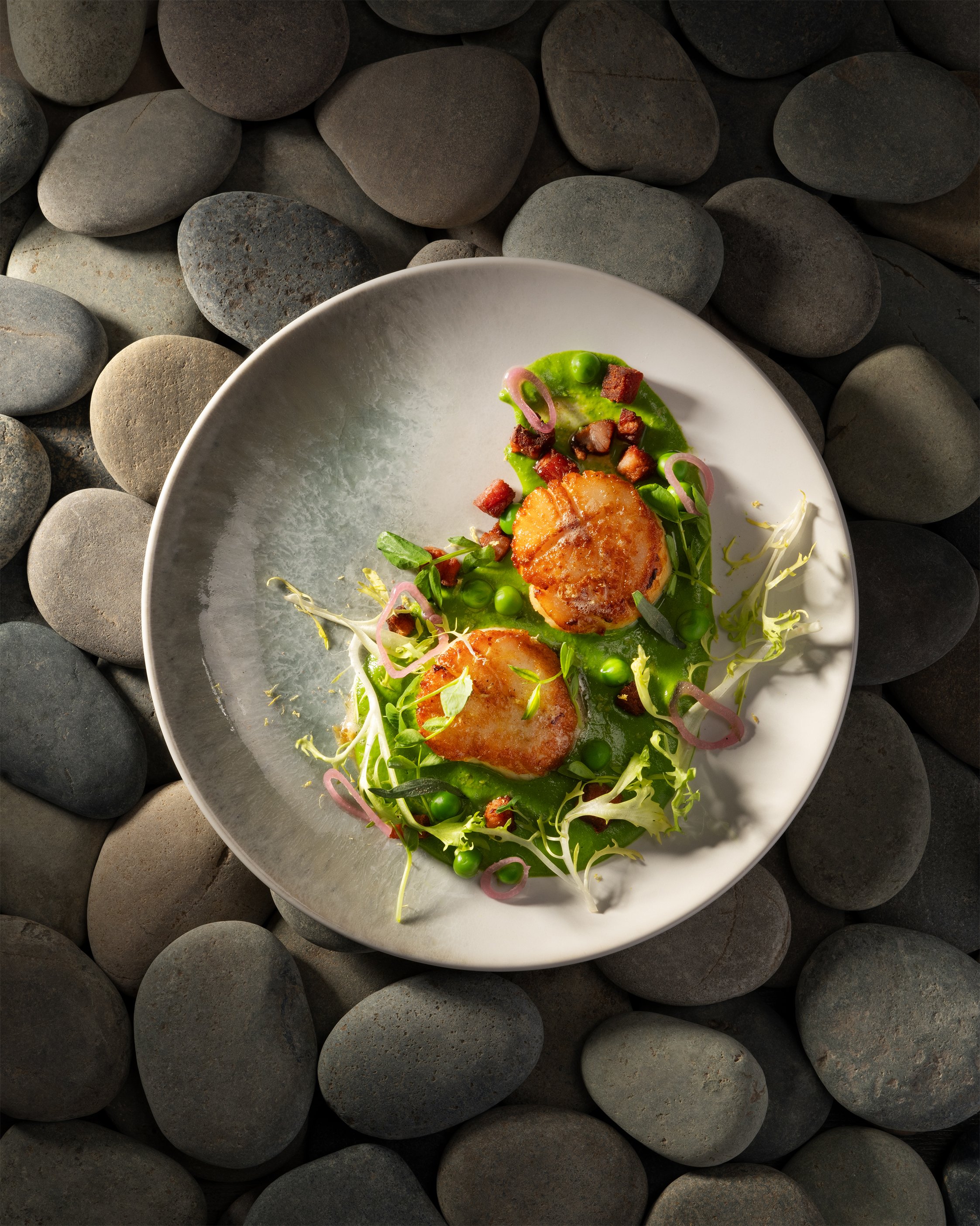 Seared U10 Scallops, Pea Purée, Crispy Pancetta, Citrus Zest, Frisée, Micros, Pickled Shallots.