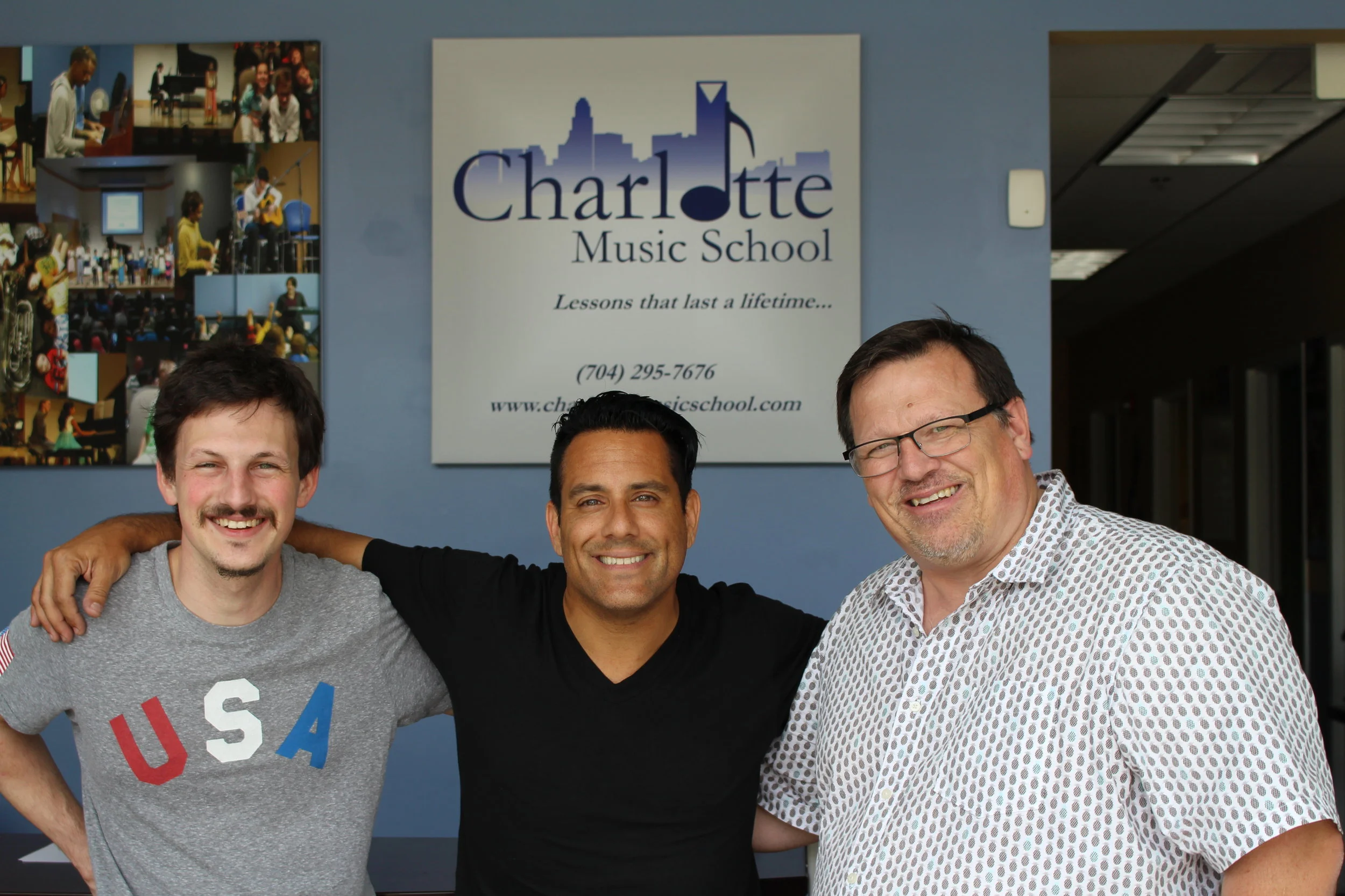 Philip Yates (Piano Instructor/Drum Student), Rich Redmond, Mark Norman (Owner of Charlotte Music School)