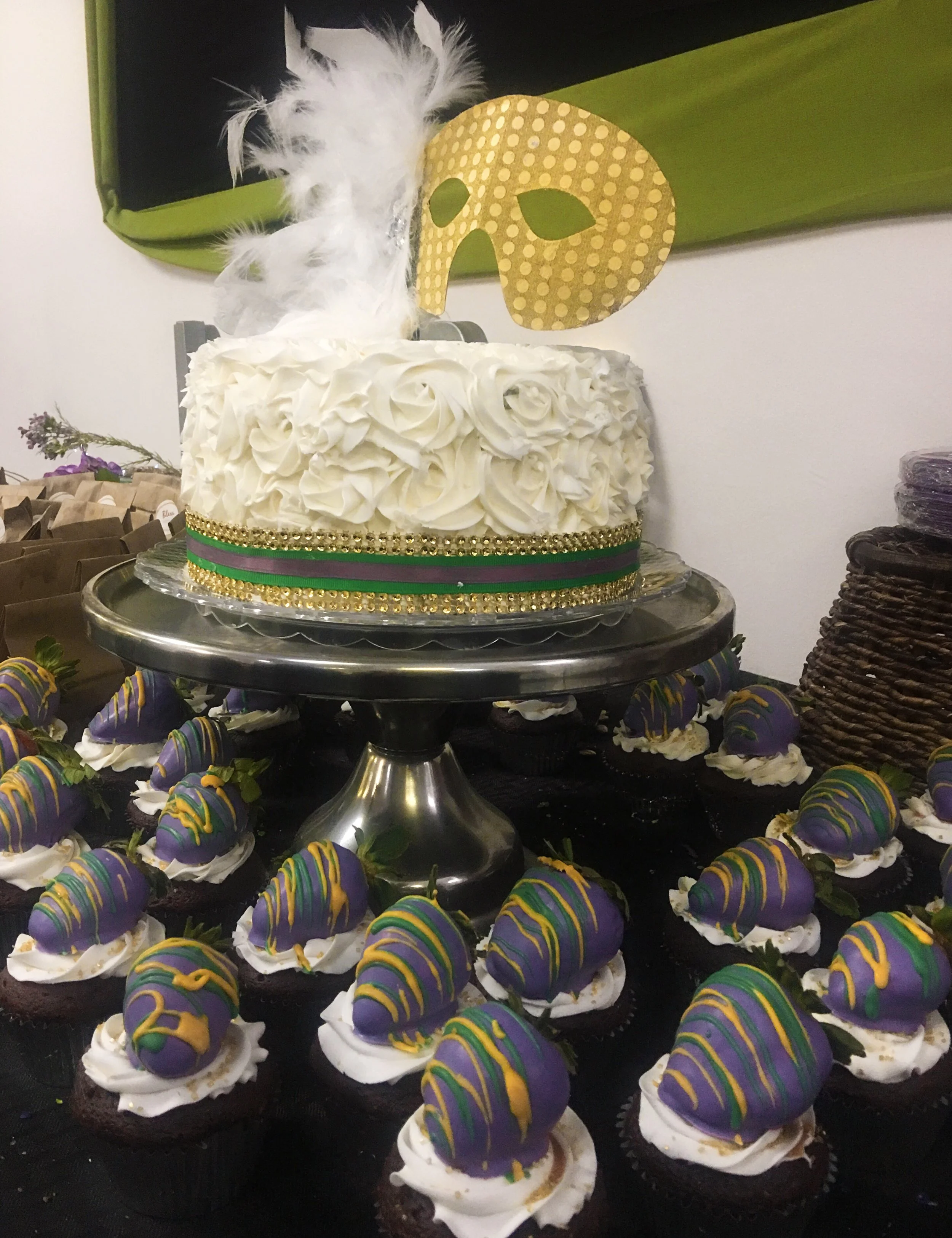 Mardi Gras Themed Cake and Cupcakes by Liz Vazquez (owner &amp; operator of LV Confections &amp; Catering)