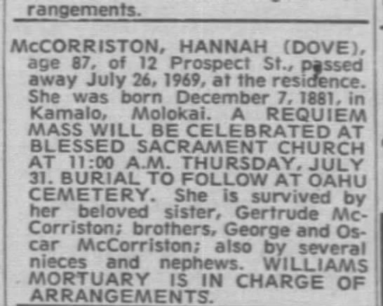 Obituary for Hannah McCorriston, 1969