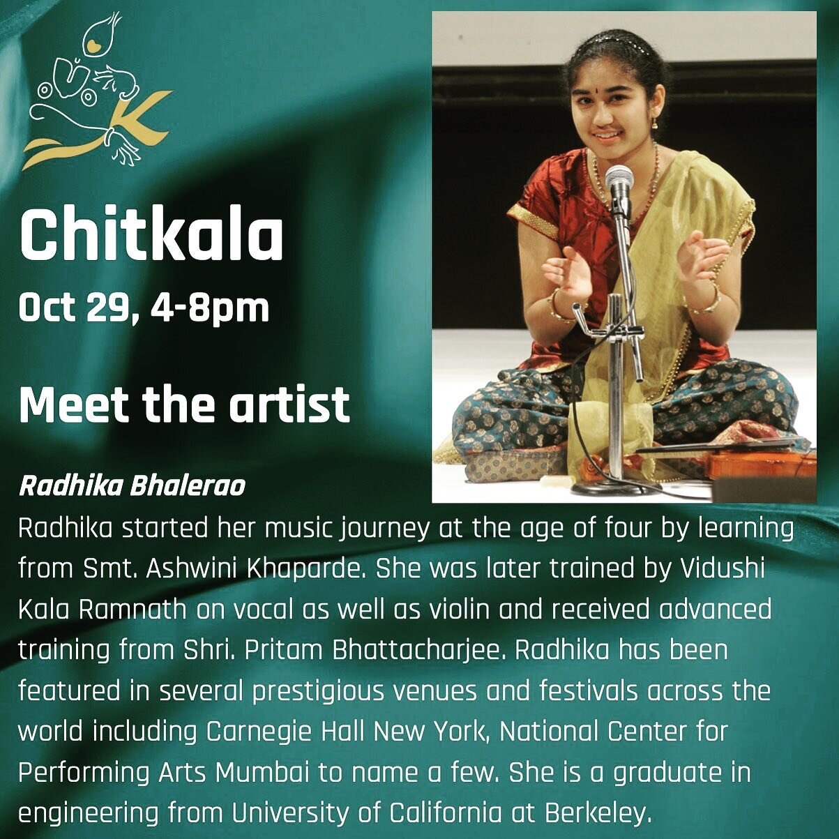 We are ready to be mesmerized by Radhika&rsquo;s music! Come join us for &lsquo;Chitkala&rsquo;&hellip; Sat Oct 29th. 4-5pm-meet and greet. Concert starts at 5pm :)