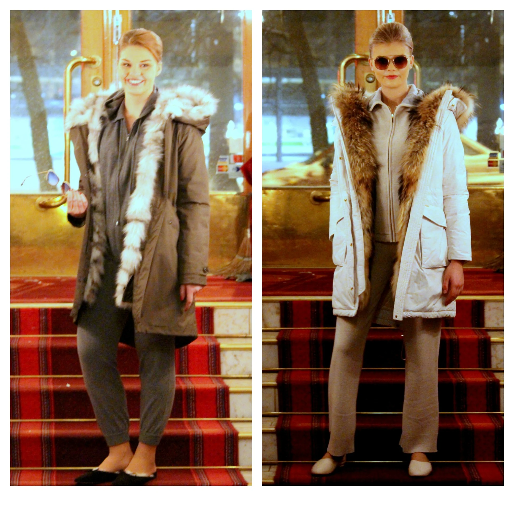 Woolrich coats, Repeat Cashmere & Busnel cashmere hoodie & pants, Flattered indoor flats