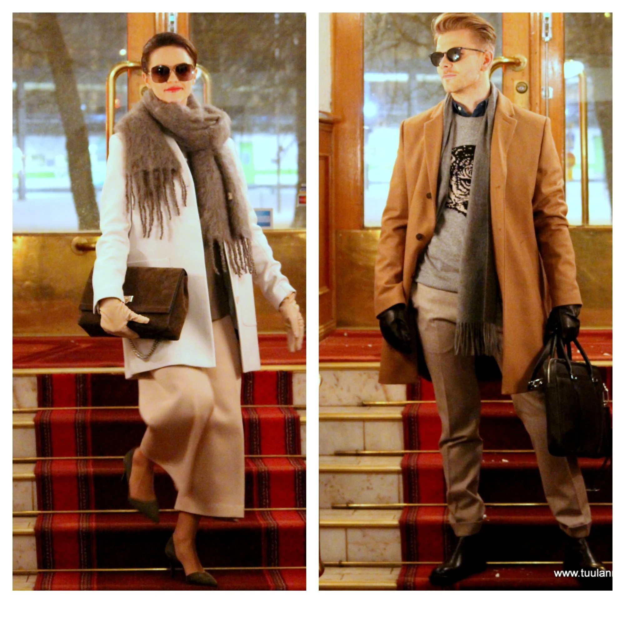 She in Filippa K coat & trousers & shirt & gloves, Decadent bag, Balmuir scarf, By Malene Birger shoes. He in Tiger of Sweden coat & knit & shirt & gloves & bag & shoes, Oscar Jacobson trousers, Balmuir scarf