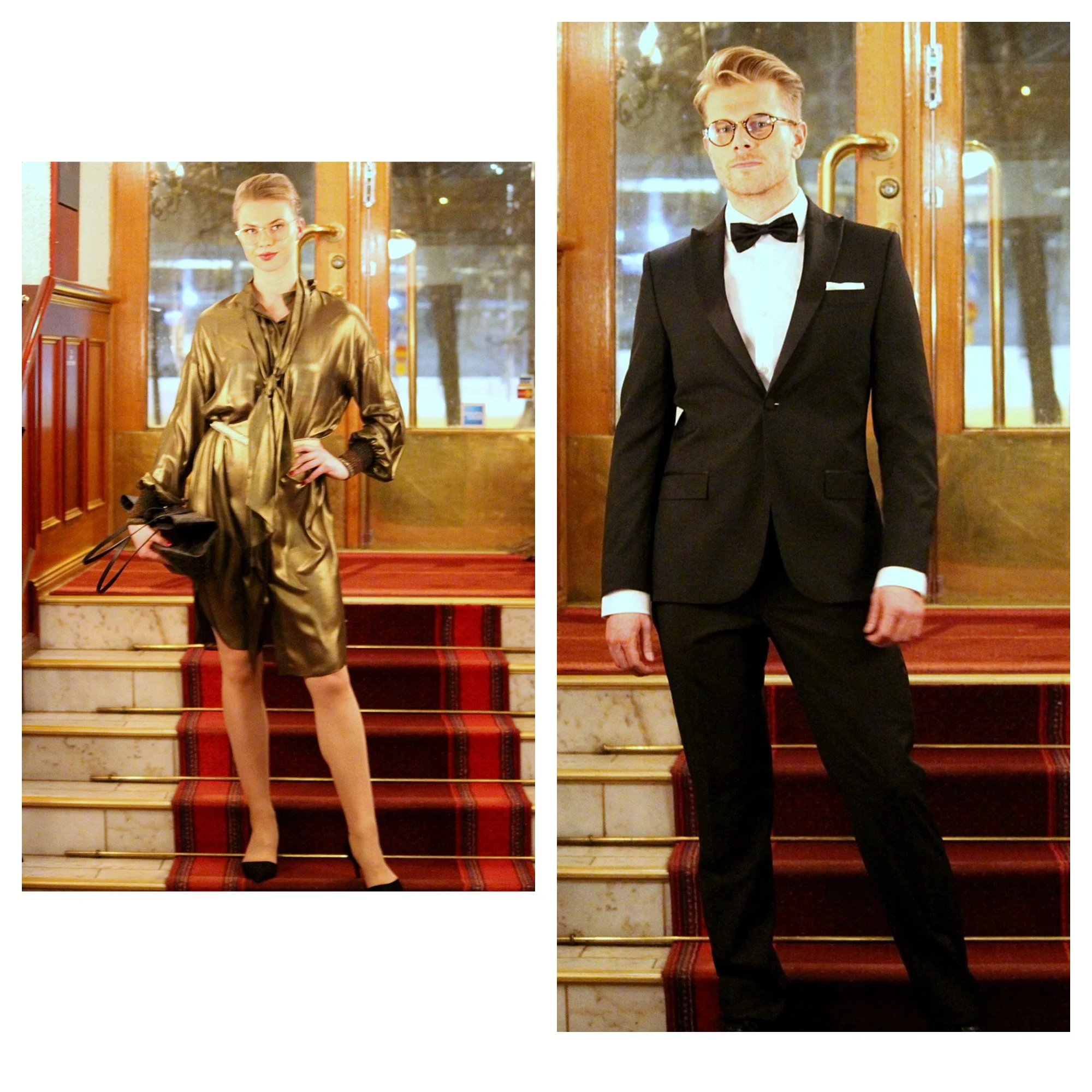 She in By Malene Birger dress & bag & shoes. He in J.Lindeberg tuxedo, Tiger of Sweden shirt & bow & handkerchief