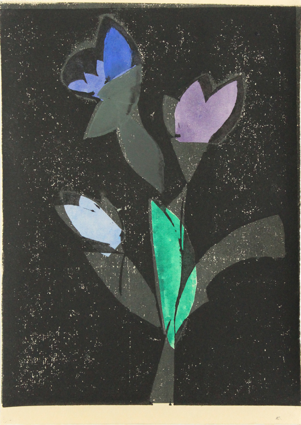   Flowers in Window I    2016. lino print, watercolour &amp; collage, 22 x 15cm  