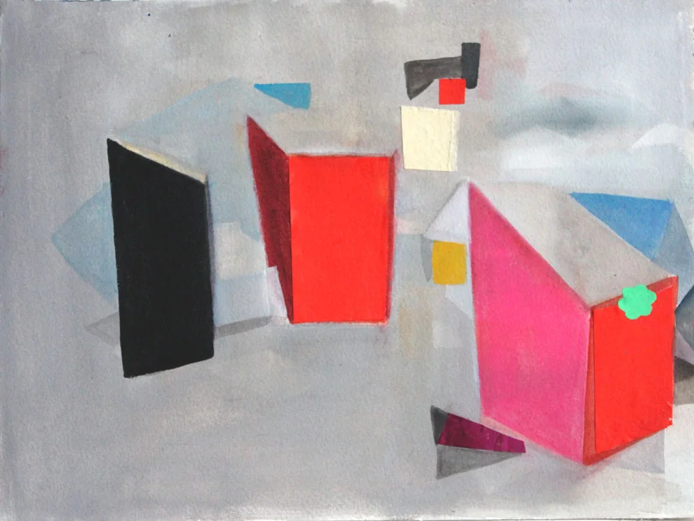 Red Boxes 2016, watercolour, gouache, acrylic & collage, 23 x 31cm