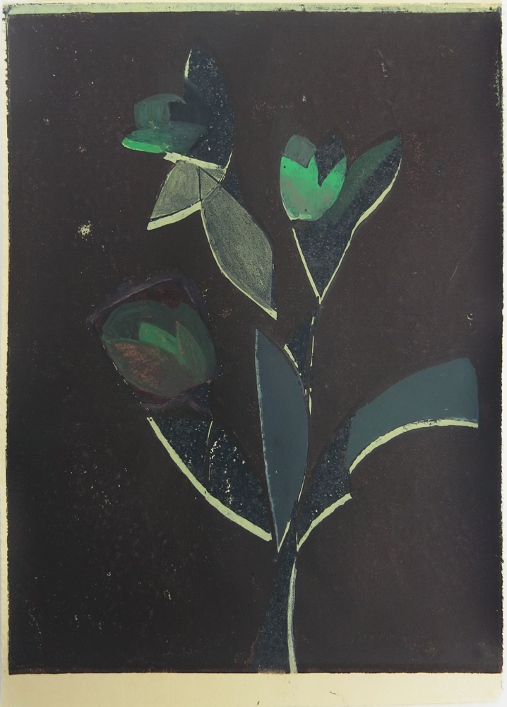   Flowers in a Window III    2016, lino print &amp; watercolour, 22 x 15cm  