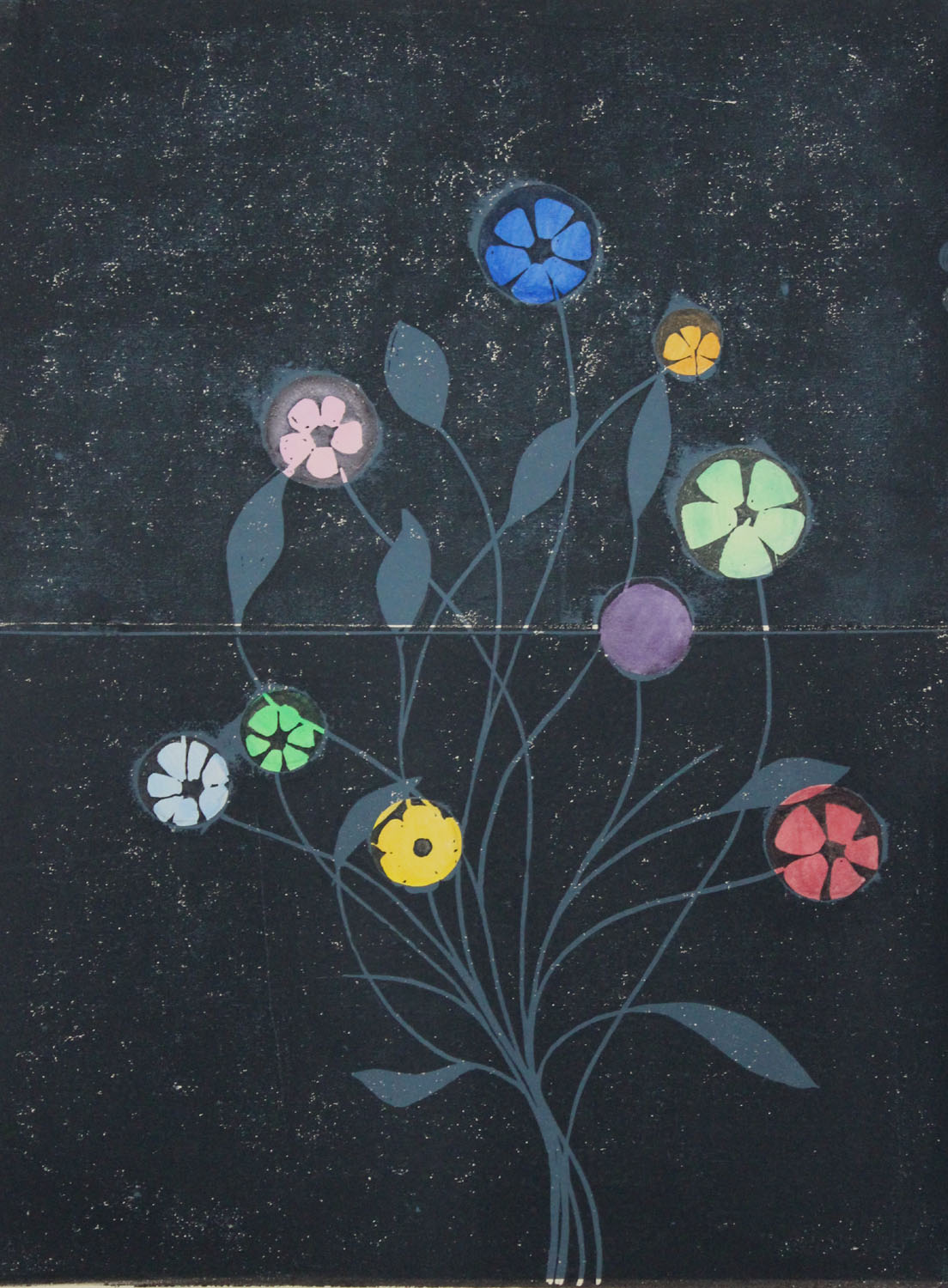   Metal Flowers I    2015, lino print and watercolour, 40 x 30cm  