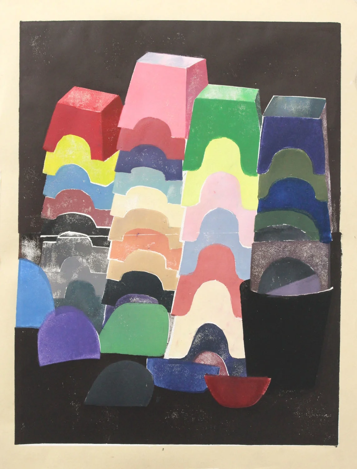 Stacked Stools, Dustpans & Bucket I 2017, Mono print linocut