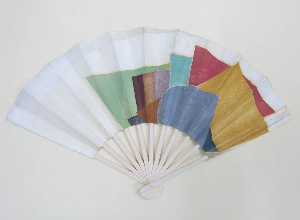 ‘Stack’ 2018, lino print, watercolour, gouache, casein on paper and bamboo my fan for Pacific breeze, each artist was given a fan to adapt to raise money for the WWF