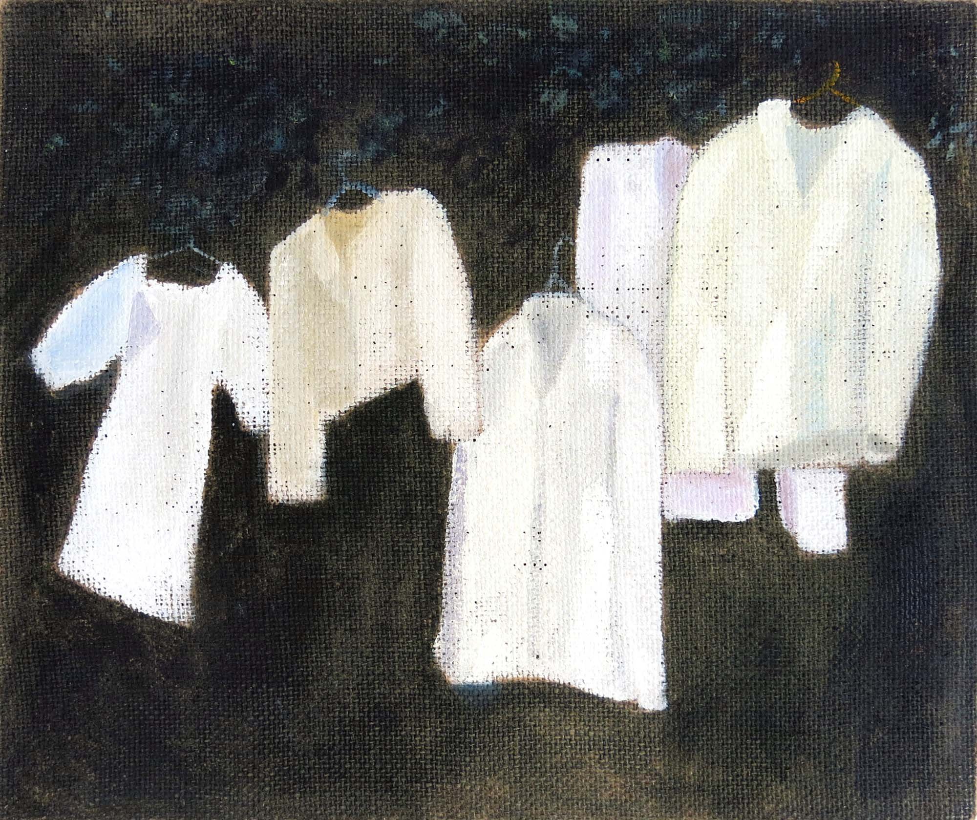   Vintage Clothes in the  Trees    2022, oil on jute, 25 x 30cm  