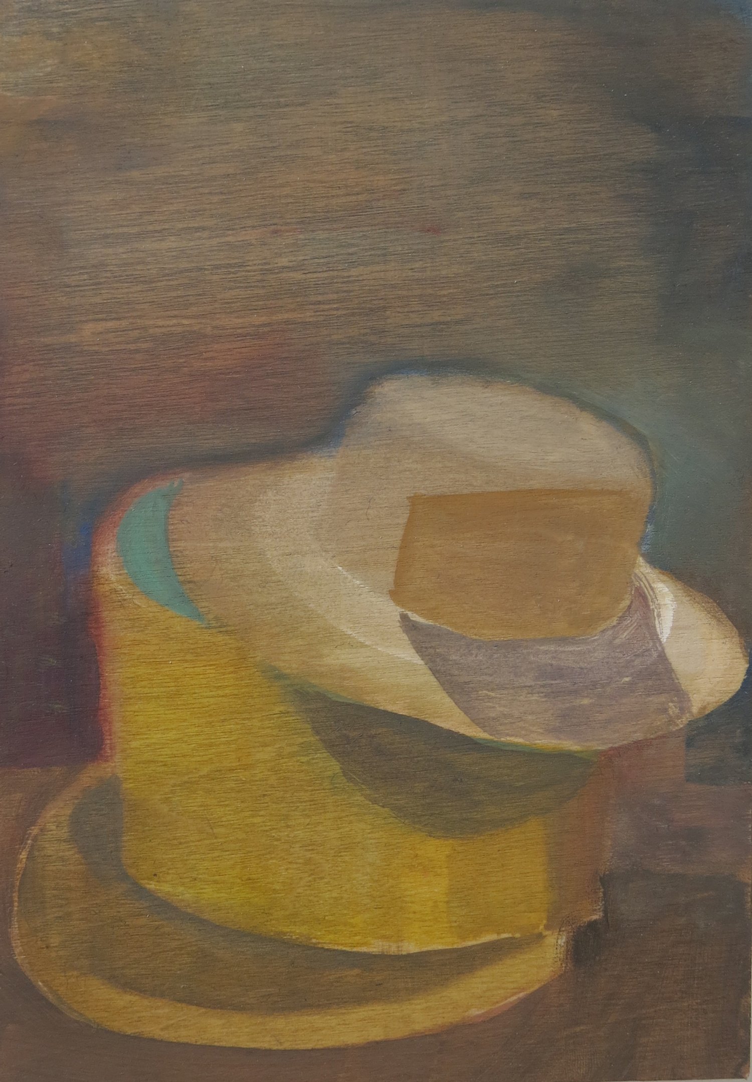   Hat &amp; Box    2022, egg tempera on panel, 20.5 x 14.5cm  