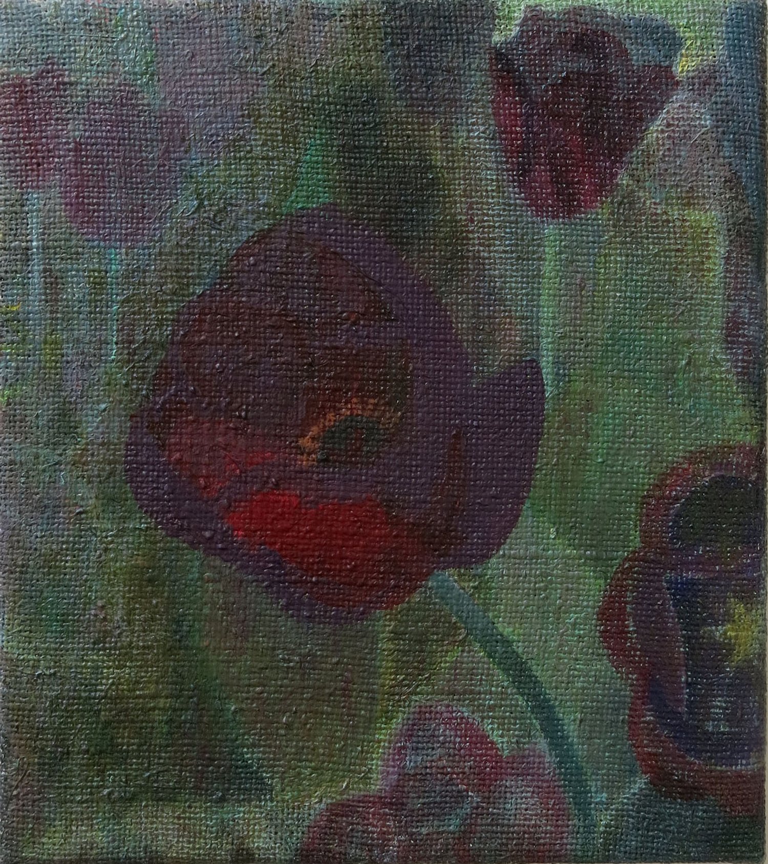   Tulips    2023, oil on jute, 23 x 20cm  