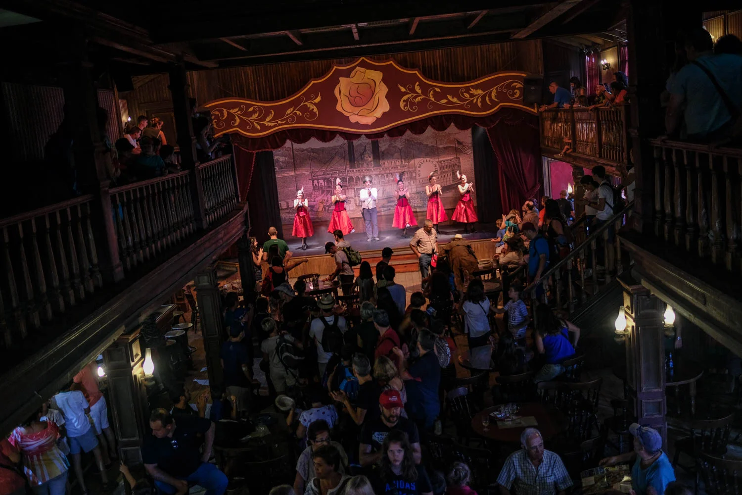 Can-can dancers perform at the Yellow Rose Saloon.