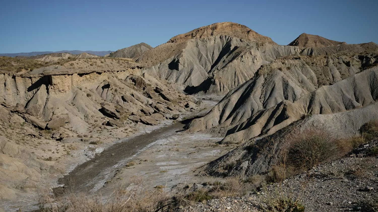 The arid Tabernas—the only "desert" in Europe—with its characteristic badlands and dry riverbeds called ramblas.