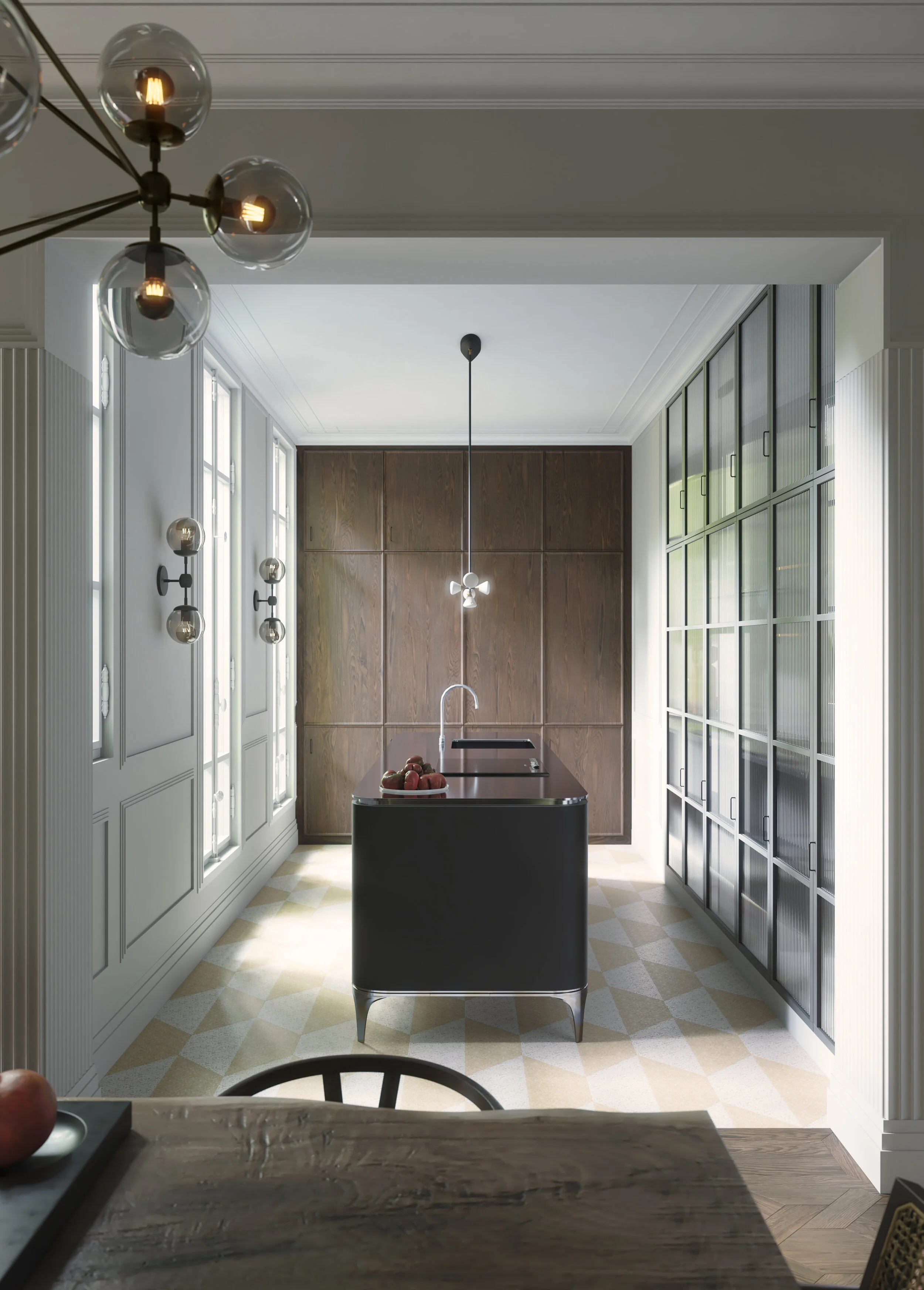 Cuisine d’un appartement haussmannien rénové rue Vivienne à Paris 2