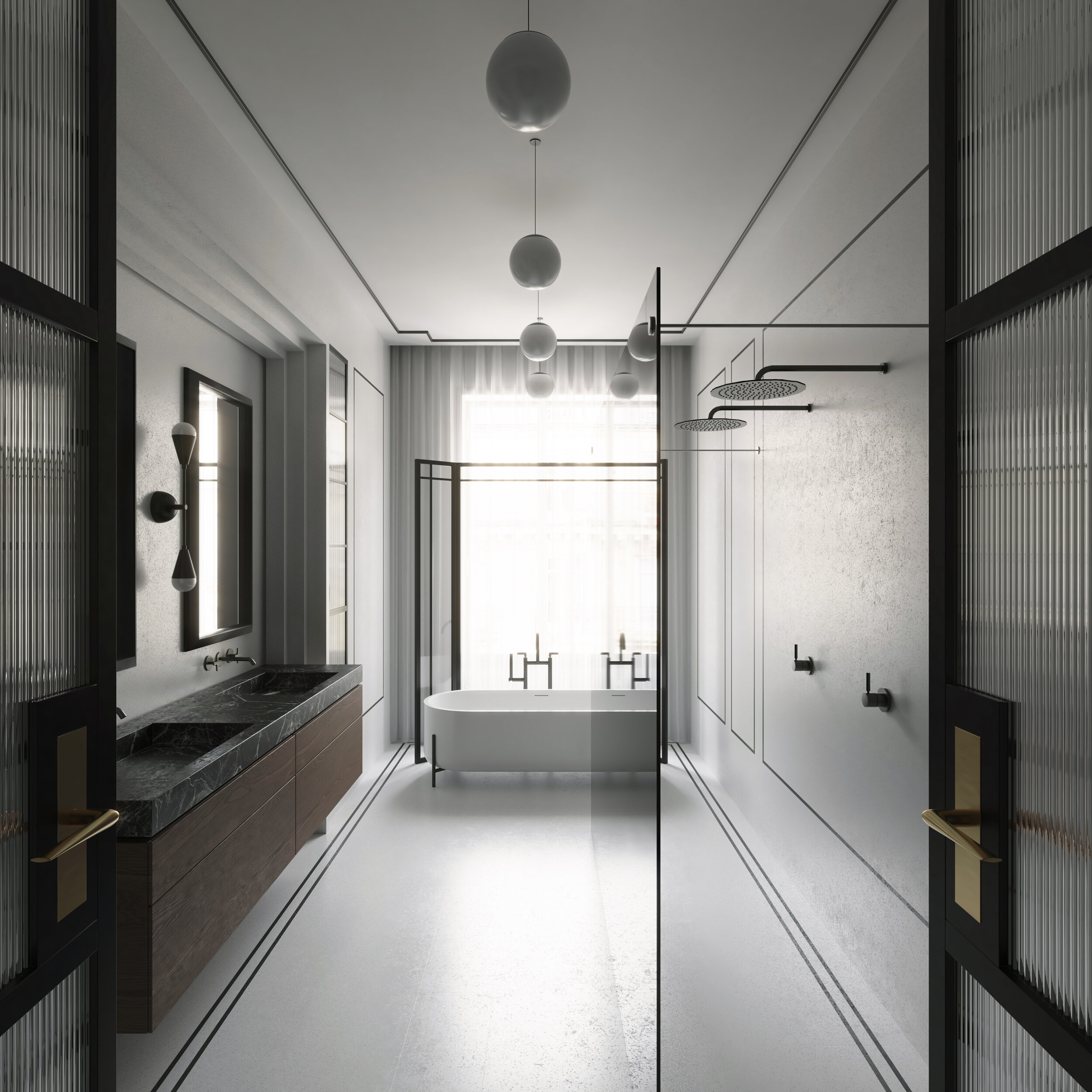 Salle de bains en pierre naturelle contemporaine dans un appartement haussmannien à Paris 2