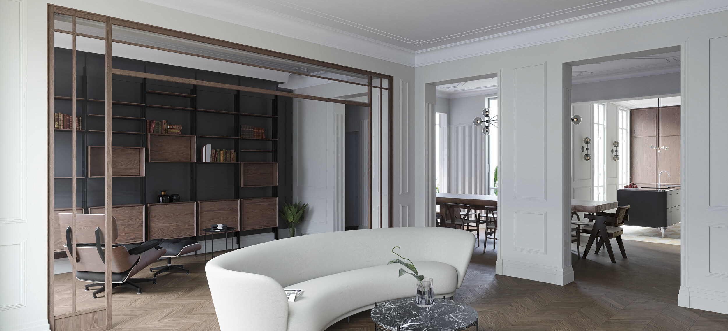 Salon et bibliothèque sur mesure d’un appartement rénové rue Vivienne