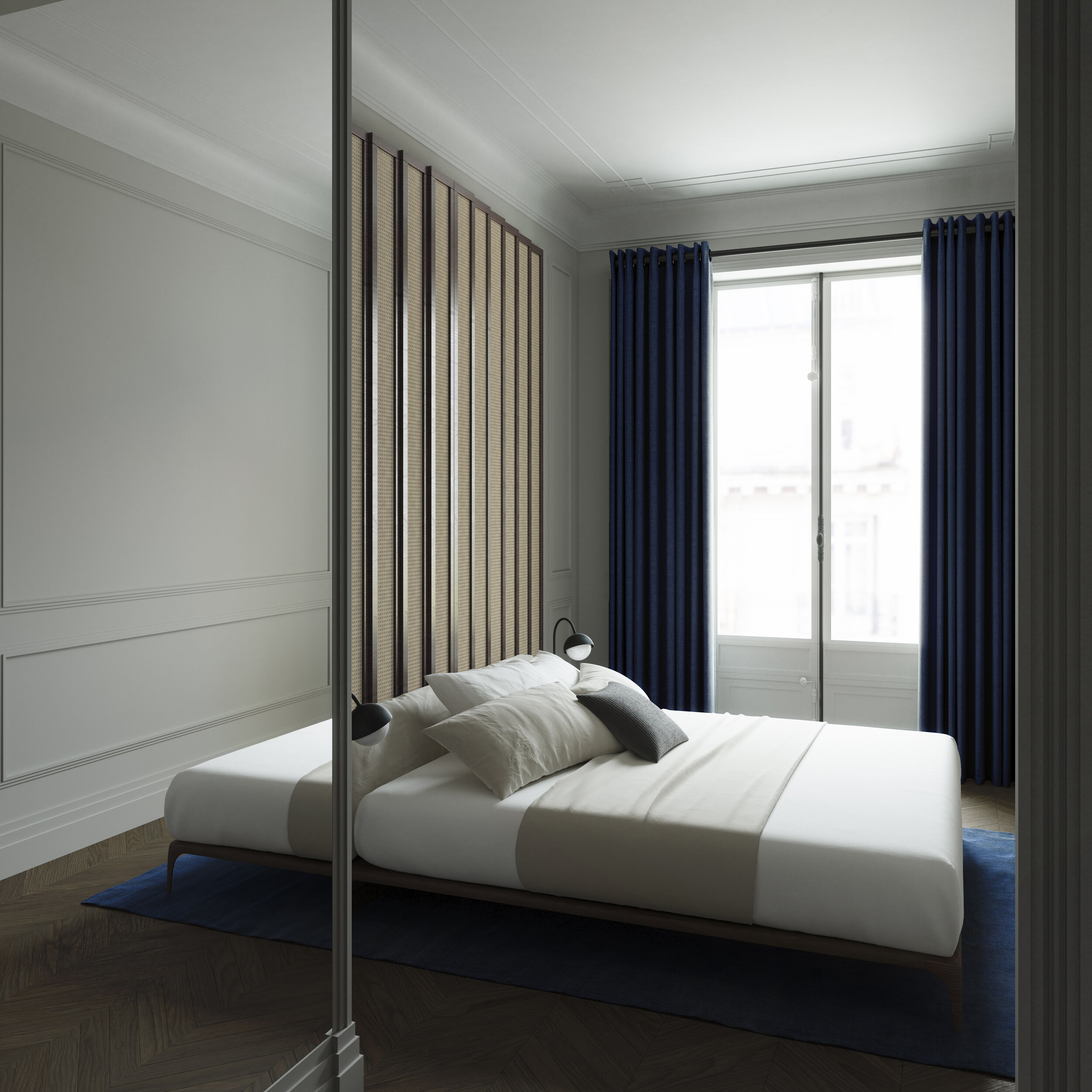 Chambre et tête de lit sur mesure d’un appartement haussmannien rénové rue Vivienne à Paris 2