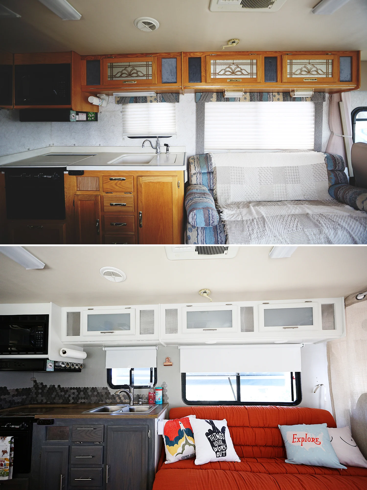 All cabinets sanded and painted or stained, "decorative" felt elements removed and replaced with metal accents, new hardware on all cabinets, decorative glass replaced with frosted glass, cushions reupholstered, all interior walls painted, new window treatments, new rugs, backsplash installed, etc.