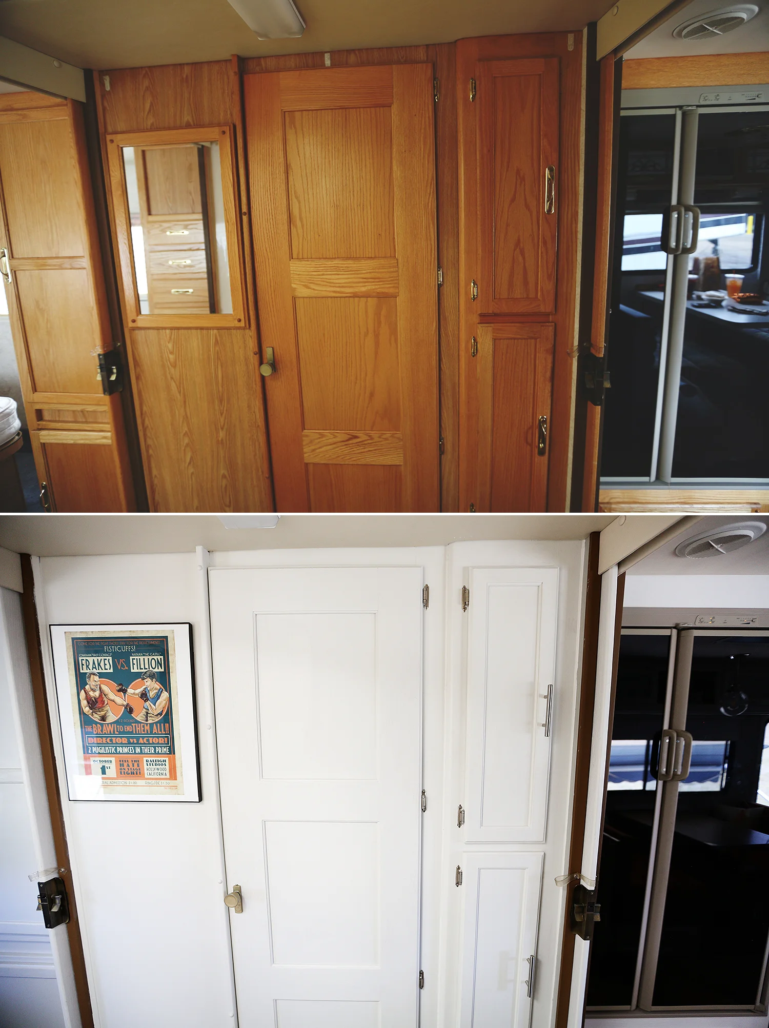 Bathroom cabinets/walls sanded and painted, replaced the mirror to the left of the door with framed art (since the name, USS Serenica Landship Housecar NCC 1796-37 has references to Star Trek and Firefly (in addition to Battlestar Galactica and Bob's Burgers) I felt this art I purchased at Denver's ComicCon needed permanent residency in this beast. Now we just need to add some BSG and BB art as tribute!
