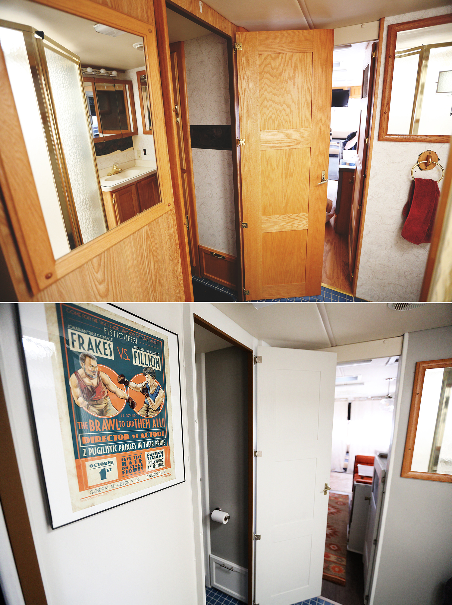 Bathroom cabinets/walls sanded and painted, replaced the mirror to the left of the door with framed art (since the name, USS Serenica Landship Housecar NCC 1796-37 has references to Star Trek and Firefly (in addition to Battlestar Galactica and Bob's Burgers) I felt this art I purchased at Denver's ComicCon needed permanent residency in this beast. Now we just need to add some BSG and BB art as tribute!
