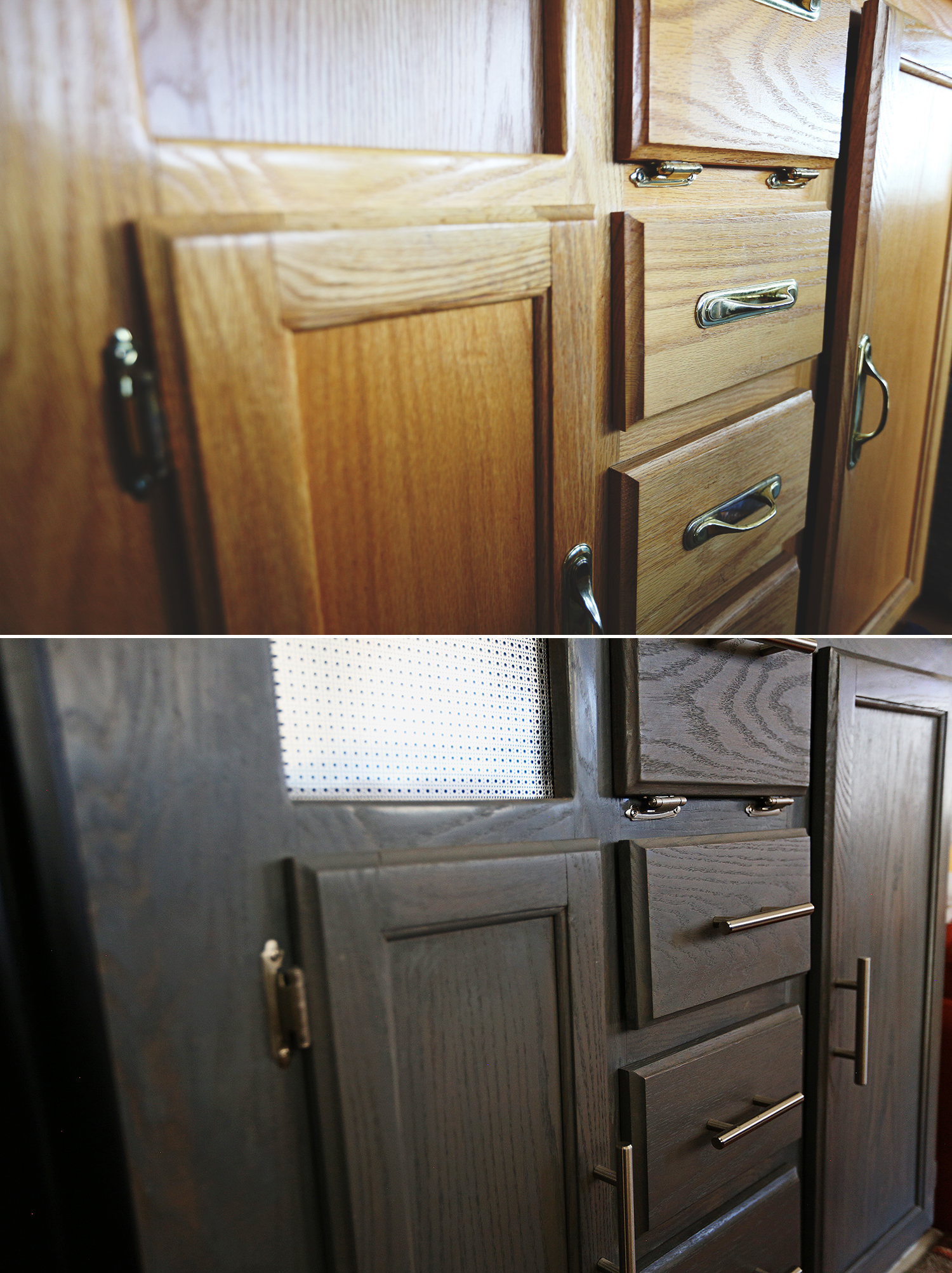 Detail of kitchen cabinets, before/after