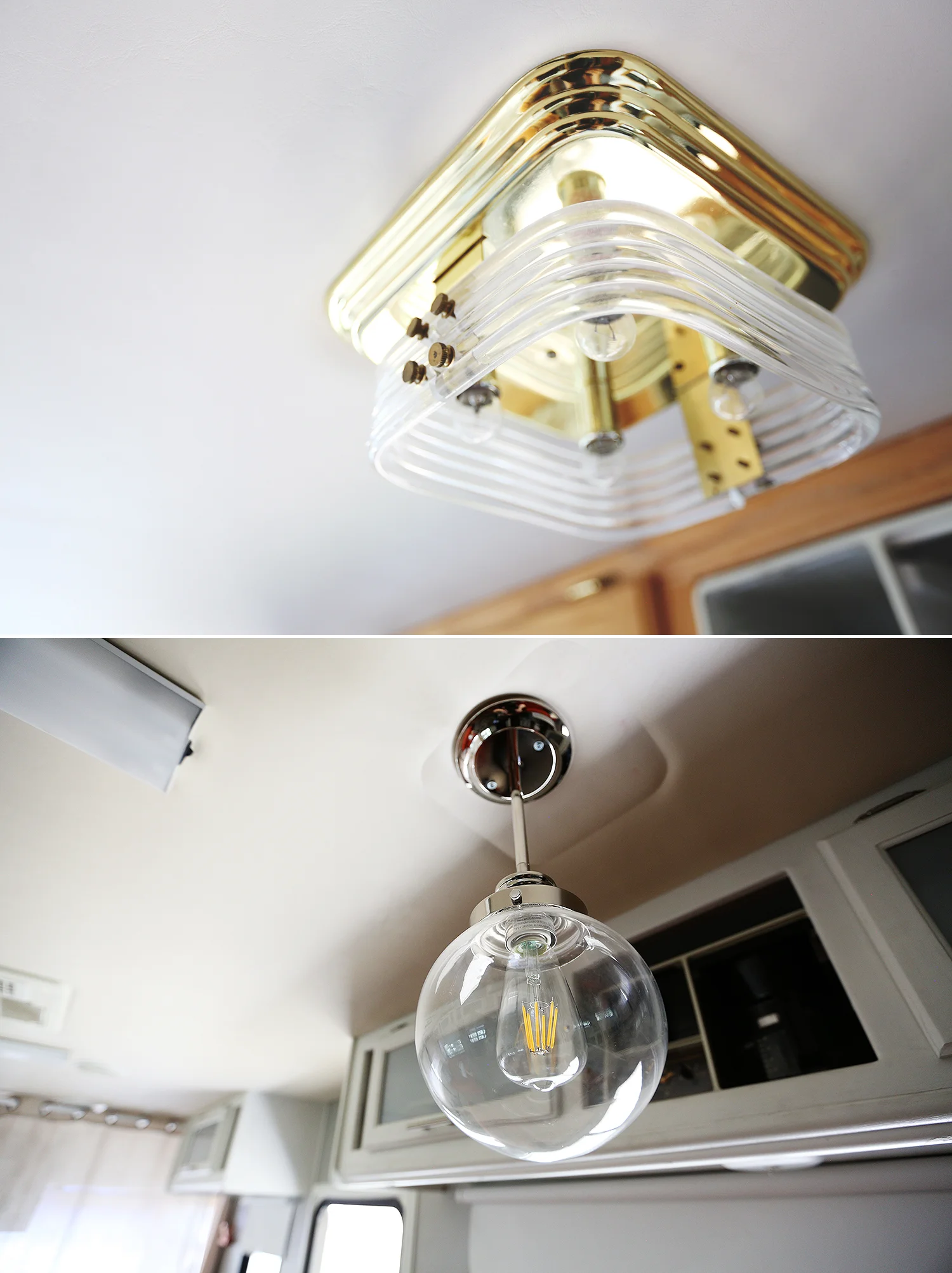 Detail of booth light fixture, before/after