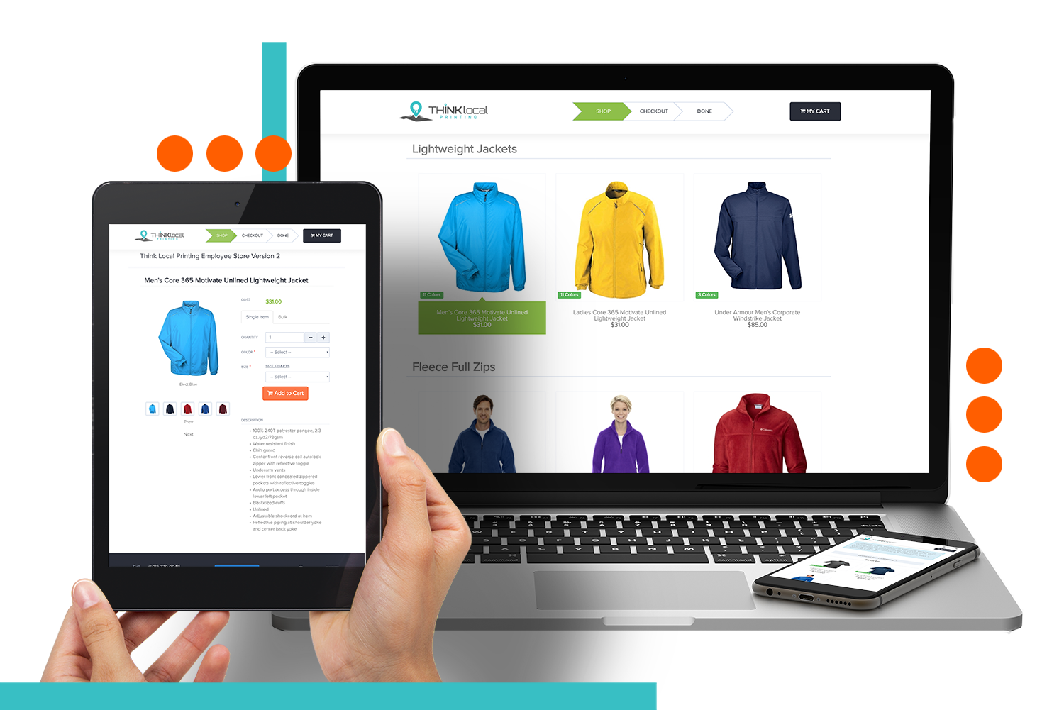 People shopping online using a tablet, laptop, and smartphone, browsing outdoor jackets, fleeces, and athletic wear.