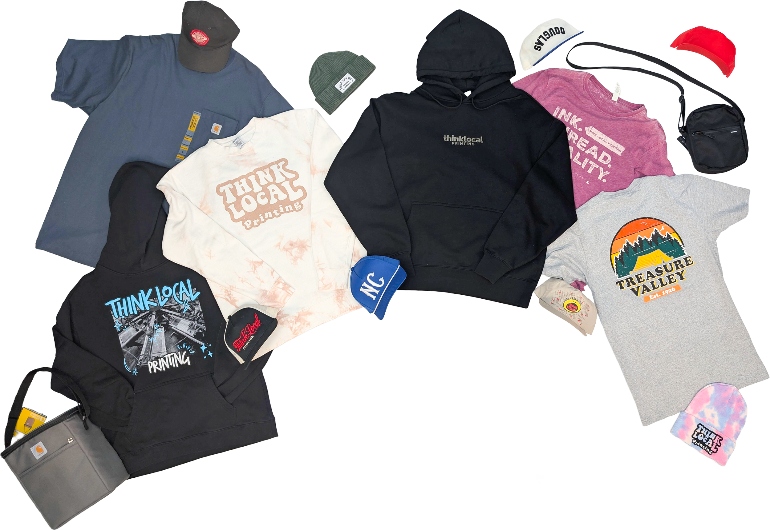 Collection of clothing and accessories including hoodies, t-shirts, caps, a beanie, a pouch, and a backpack with branding and graphic designs