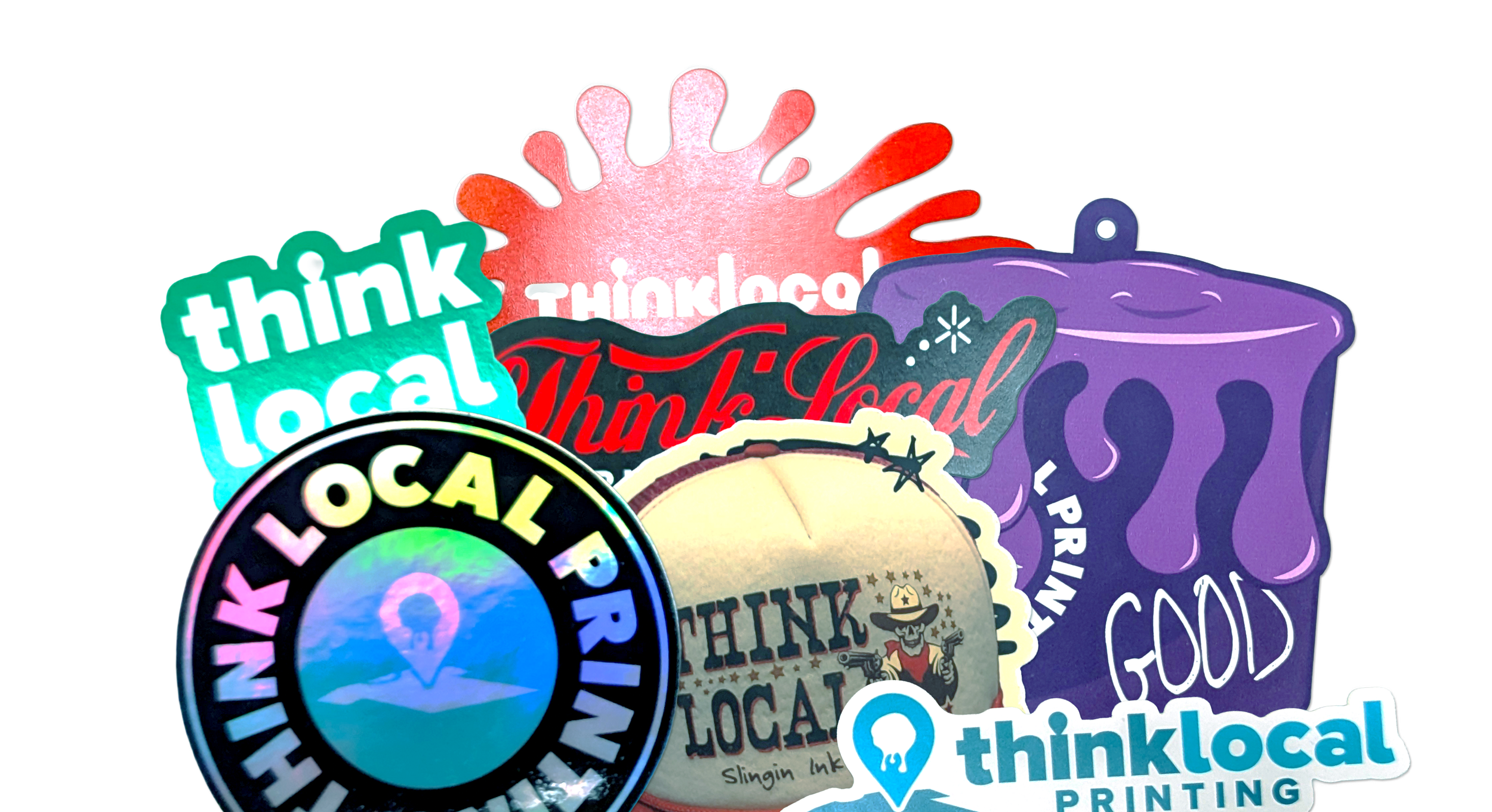 A collection of stickers promoting local and small businesses, including phrases like 'think local,' 'think,' and 'thank local,' along with various graphic designs and logos.