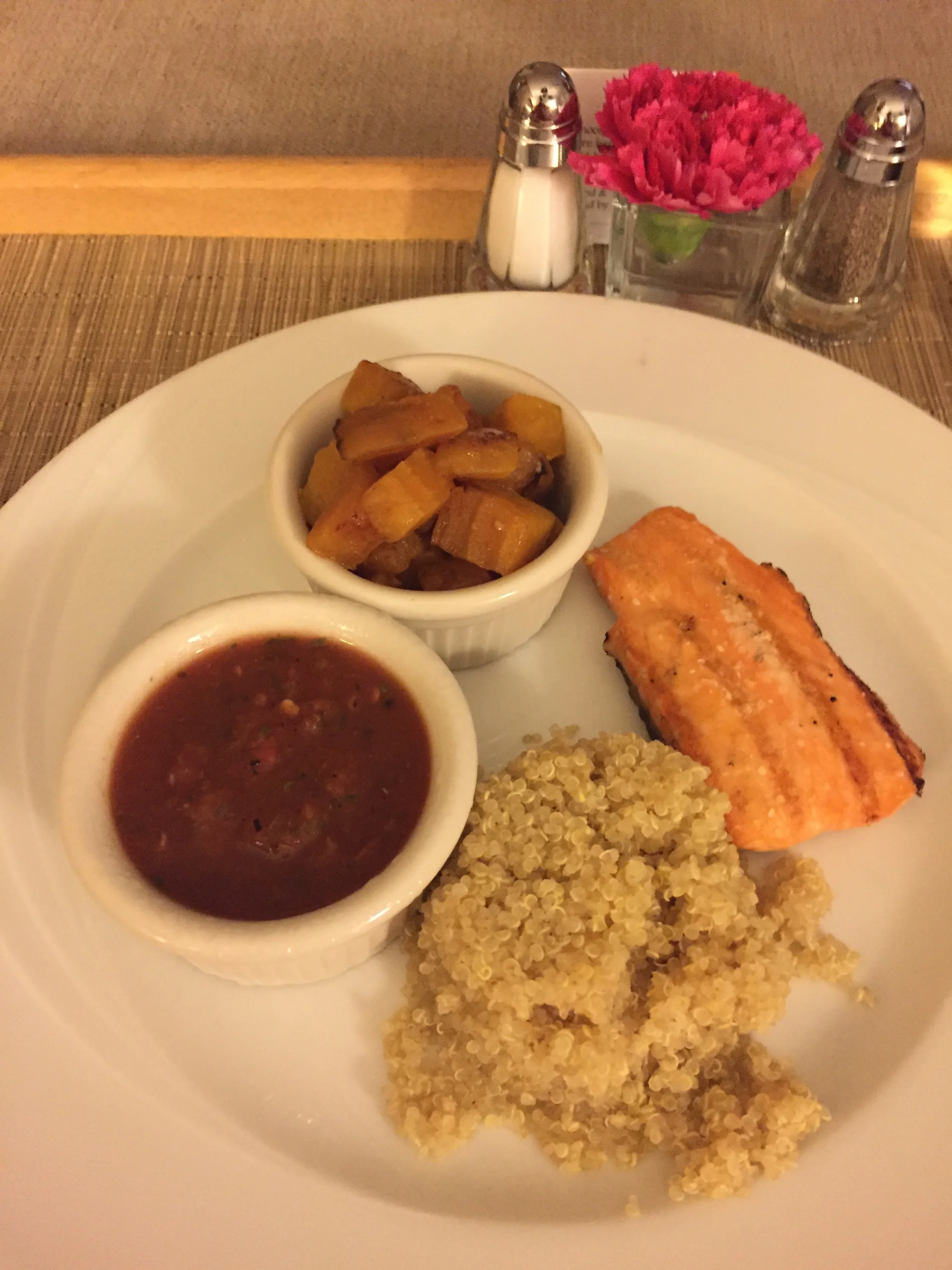 Room service- 4oz salmon with quinoa and golden beets