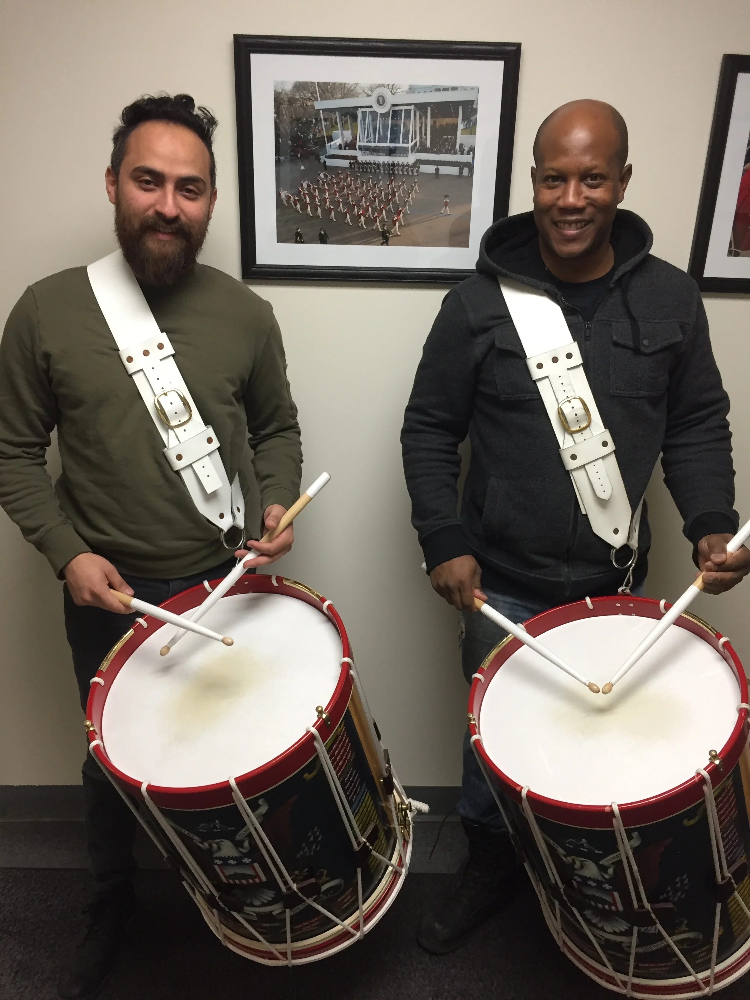 Marcos & Damon trying out the snare drums from the "Old Guard"
