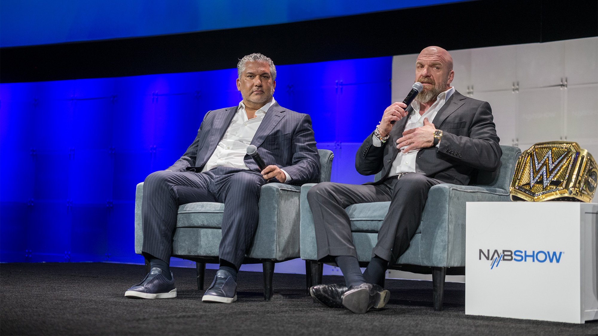 Nick Khan & Paul "Triple H" Levesque speaking at NAB Show WWE: The Next ERA of Sports Entertainment at the Convention Center West Hall in Las Vegas, Nevada, on April 9, 2025.