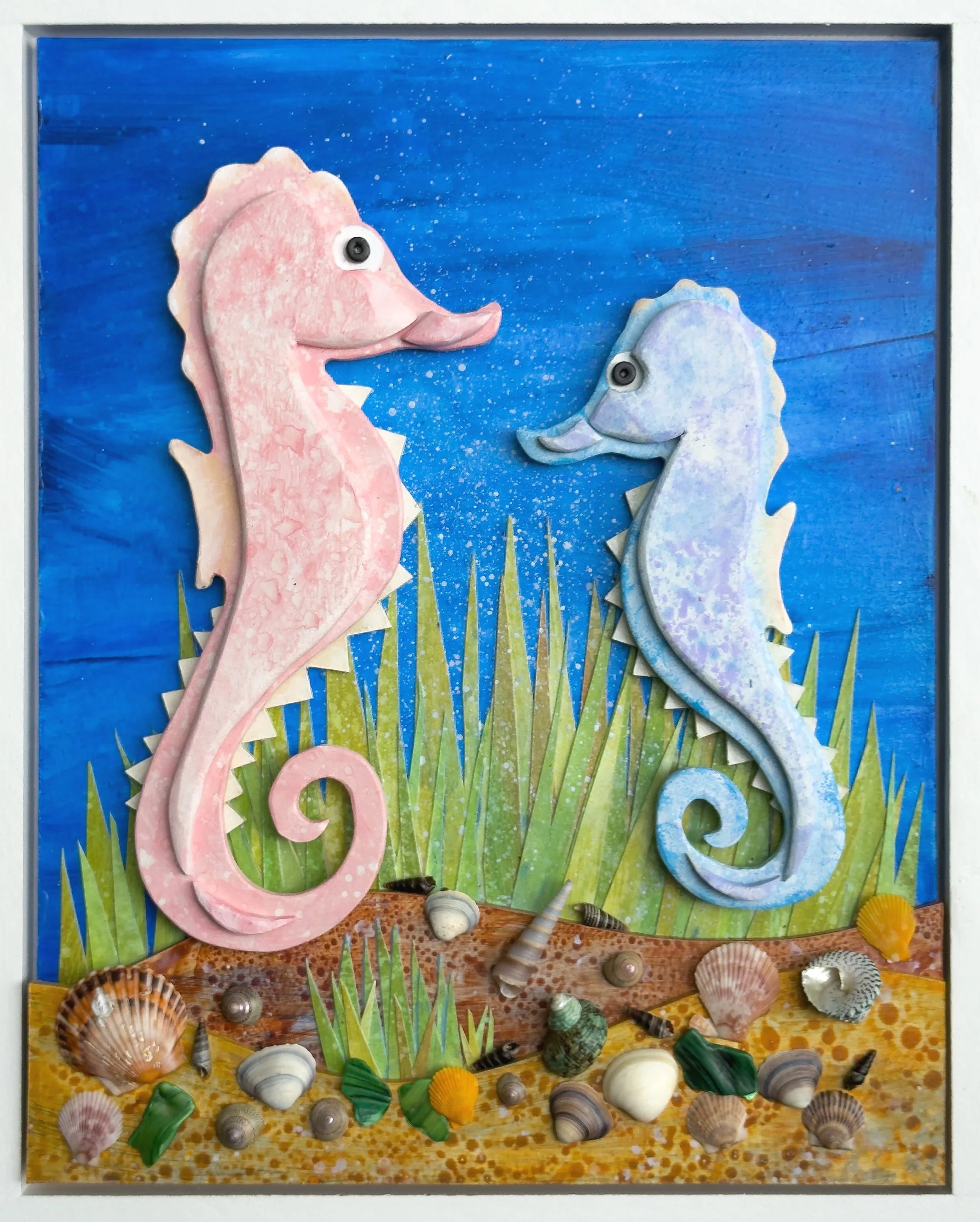 SEAHORSES | ACRYLIC | MDF | PAPER | SEA SHELLS | 12" x 15"