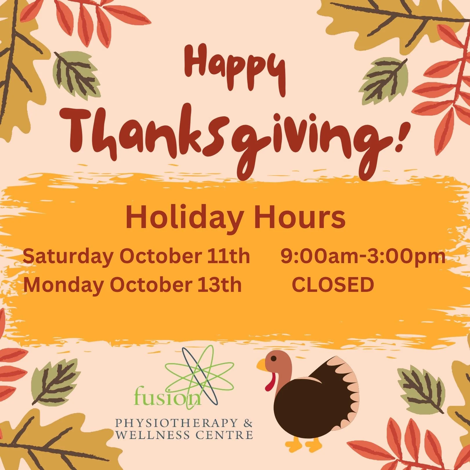Happy Thanksgiving from the entire team at Fusion! We are thankful for our amazing patients and our incredible staff! We wish you a healthful and restful long weekend... The clinic will be open tomorrow, but closed on Thanksgiving Monday. 🥰😊🦃
.
.
