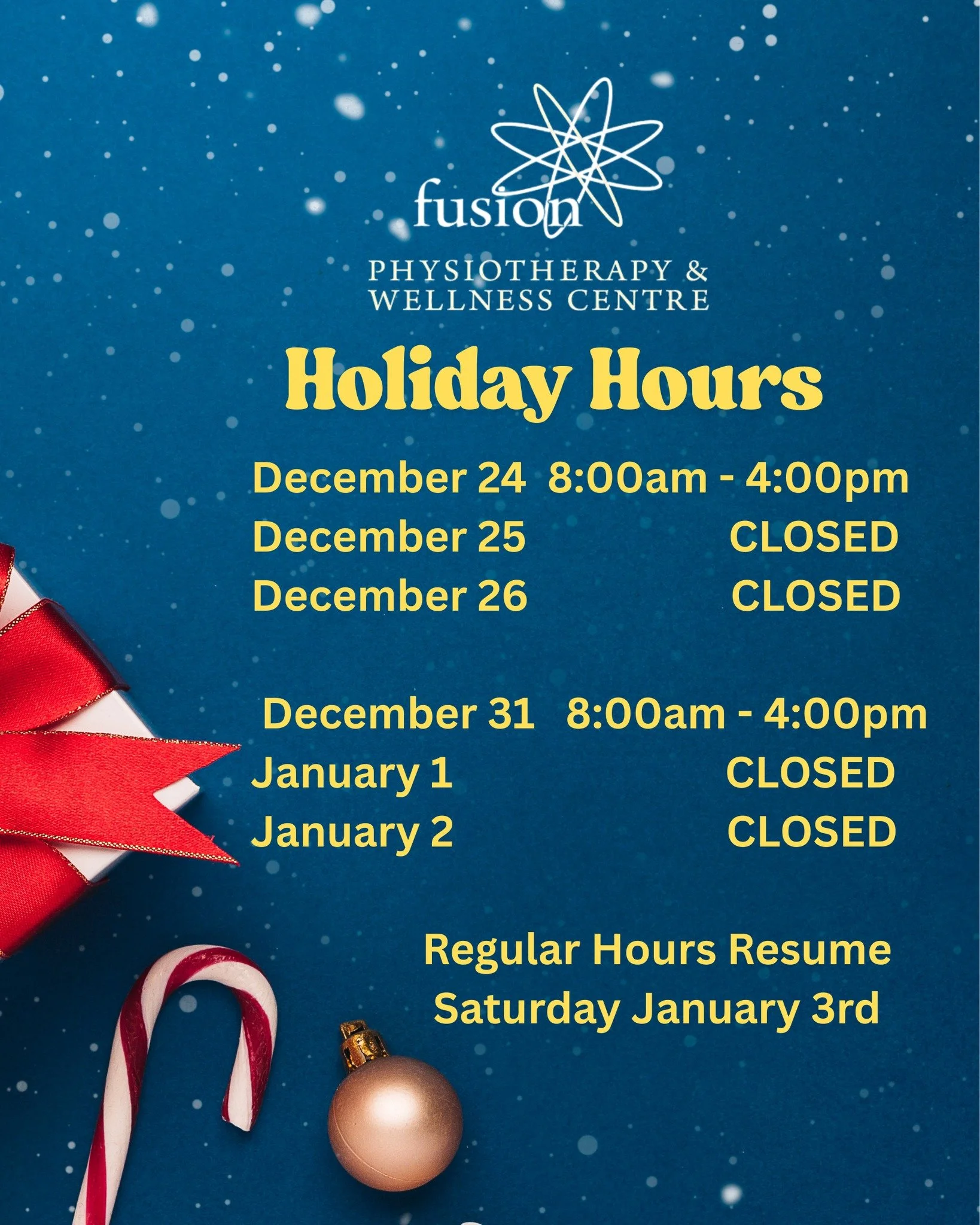 Christmas is almost here! Please be aware that the clinic will be closed on December 25th and December 26th, and we will re-open on Monday December 29th. Have a safe and Happy Holiday season!
.
.
.
#fusionphysio
#fusionphysiotherapyandwellness
#fusio