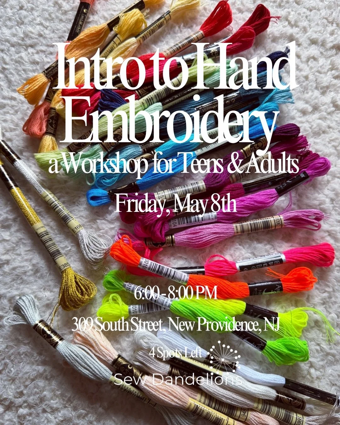 In less than 2 weeks: new EMBROIDERY WORKSHOP and new fun embroidery floss colors - even metallic. Friday, May, 8, 6-8pm. Limited seating. Grab a buddy. Bring something you&rsquo;d like to embroider, or we&rsquo;ll provide a little zipper pouch. 309 