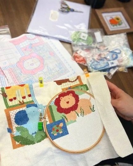 handiwork needlepoint of a lion for a child multicolor not yet finished